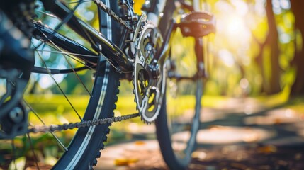 Close-up of a bicycle gear and chain, with sunlight dappling through trees in the background. - obrazy, fototapety, plakaty
