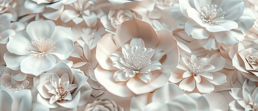 A 3D render of white paper flowers, a digital illustration, a floral background for a wedding, a floral design for a bridal bedroom, and a texture for a bridal headdress