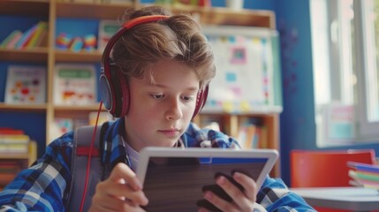 Young boy with headphones using a tablet, engrossed in digital learning or entertainment in a colorful classroom setting.