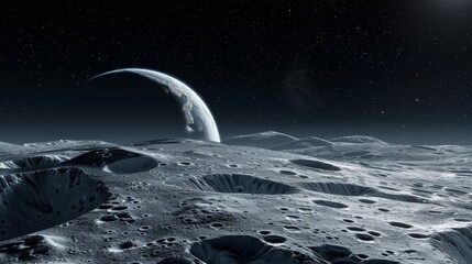 A barren lunar landscape with a crescent Earth on the horizon against the backdrop of a starry space sky.