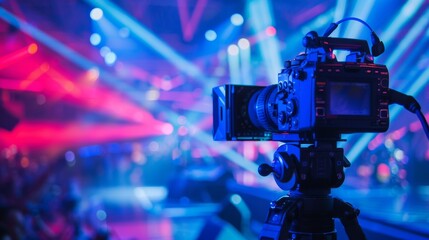 Professional video camera set up recording a live event with vibrant stage lighting and a blurred background. - obrazy, fototapety, plakaty