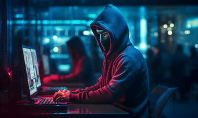 Male criminal wearing mask and hood to hack computer system, breaking into company servers to steal big data - obrazy, fototapety, plakaty