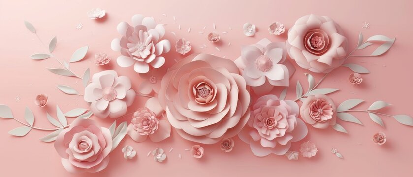 Rendering, abstract paper flowers, bridal bouquet, decorative floral design elements on a peachy rose pink background.