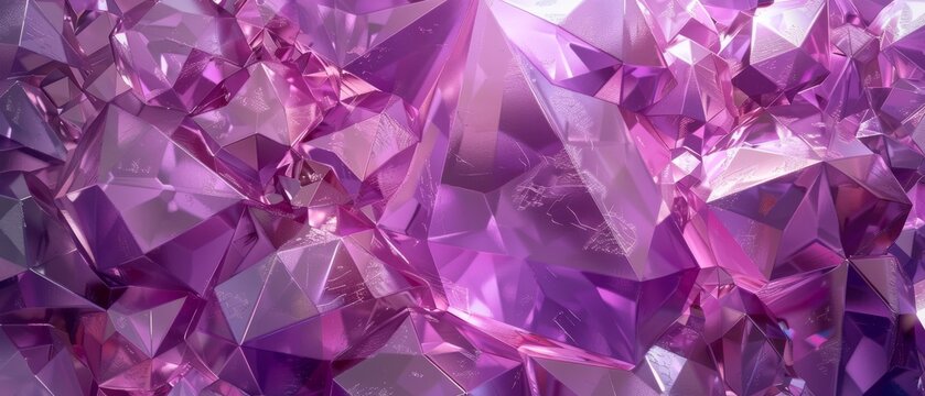 Render of an abstract amethyst crystal background, faceted texture, macro shot of purple gems, panoramic wallpaper, wide panoramic polygonal image