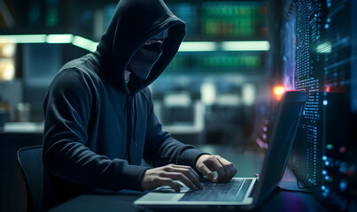 Male criminal wearing mask and hood to hack computer system, breaking into company servers to steal big data