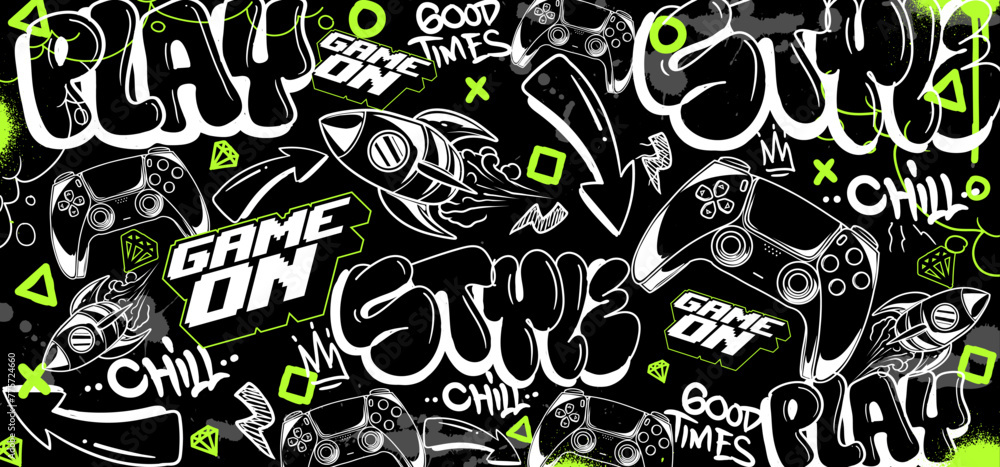 Fototapete gaming background vector and illustrations. retro video game elements in graffiti style
