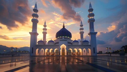 A majestic mosque bathed in the soft glow of sunset, with its white walls and blue domes reflecting the vibrant hues of nature's palette - obrazy, fototapety, plakaty