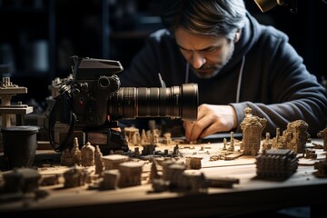 A man is seated at a table with a camera in front of him. He appears focused on the camera, possibly adjusting settings or preparing to take a photograph