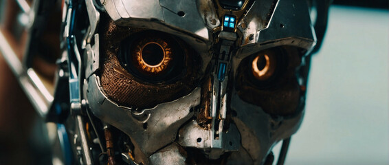 A futuristic half-human half-robot character with glowing eyes
