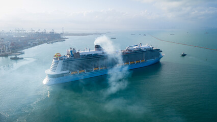 Smoke exhaust gas emissions from Cruise Ship, Cruise Liners beautiful white cruise ship above...