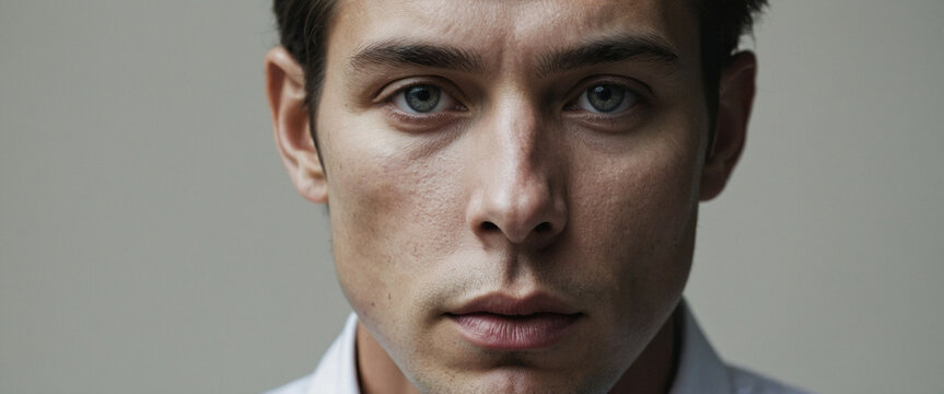 A man with blue eyes stares directly at the camera