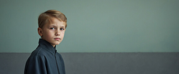 A young boy in front of a wall