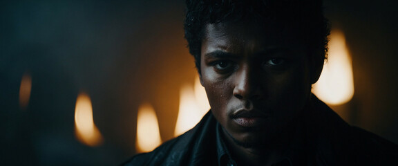 A man stands in a dark room with firelight reflecting on his face