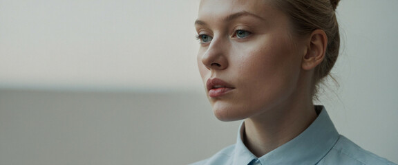 A woman in a blue shirt 