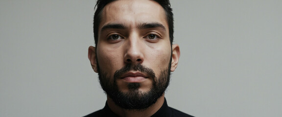 A serious man with a beard poses against a plain background in a minimalist setting