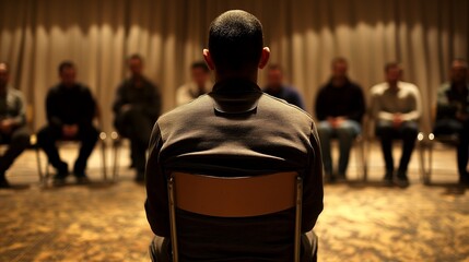 People with addiction group meet. Anonymous alcoholic sharing thoughts up in the circle