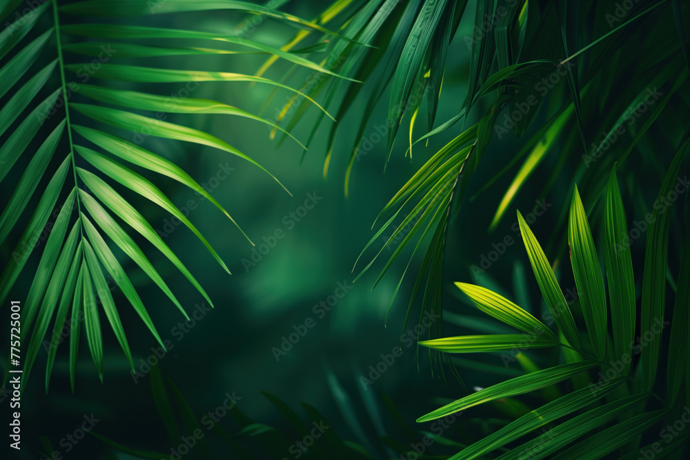 Poster palm tree leaves framing a tropical scenery. slide background image. created with generative ai tech