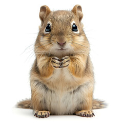 A cute chipmunk standing on a white background, looking forward with its paws together.