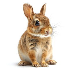 Close-up of a cute rabbit on a white background displaying its big ears and furry texture.