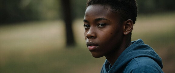 A young black teen looks wearing a blue hoodie