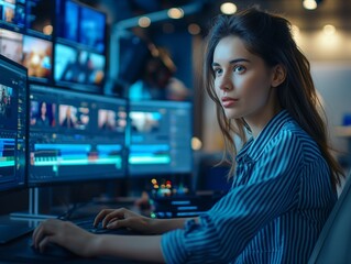 Beautiful female video editor working with videos on her personal computer, Editor Works with Footage - obrazy, fototapety, plakaty