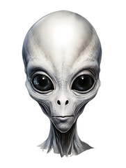 Gray alien head with big eyes isolated on transparent background.