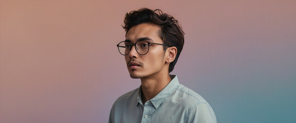 A man with curly hair and glasses against a soft gradient background