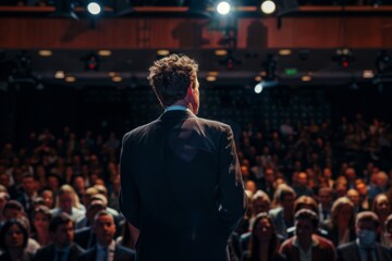 Rear view of a professional speaker talking to a crowd in a conference hall, portraying leadership and expertise in a corporate setting.