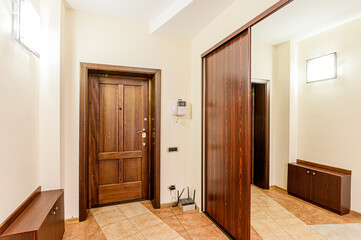 standard room interior apartment. room doors, renovation corridor lobby entrance hall