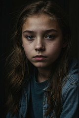 Fototapeta premium Teen girl with long hair in a dimly lit setting
