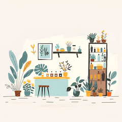 Cozy interior illustration with plants and furniture in a warm color palette.