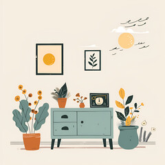 Stylized illustration of a cozy interior scene with plants and wall art.