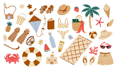 Various stuff for a summer vacation at the beach. Summer vibes. Vector hand drawn illustration. All elements are isolated.