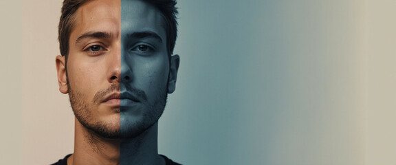 A man's face is split in two, one half with a soft gradient of blue, showing regret