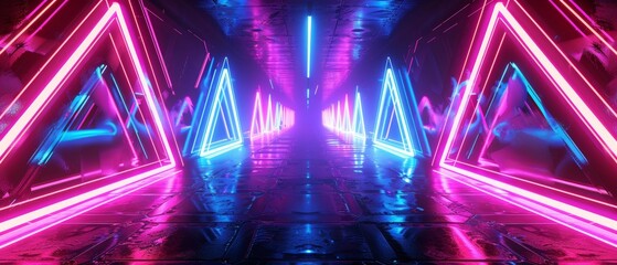 An abstract fluorescent background, laser show, nightclub interior lights, pink and blue glowing lines, virtual reality, psychedelic spectrum, geometric shapes and a 3D render are all included in