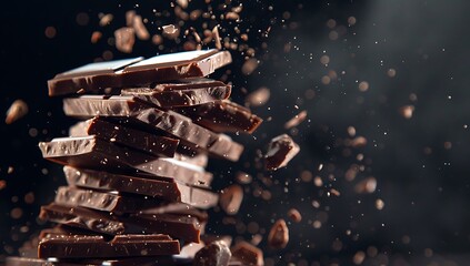 A stack of dark chocolate bars, with pieces falling off and splashing into the air - obrazy, fototapety, plakaty