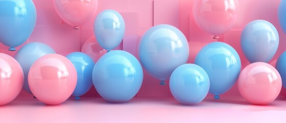 Rendering of abstract pastel balls, pink blue balloons, geometric background, primitive colors, minimalistic design, pastel color palette, party decoration, plastic toys, isolated elements, 3D