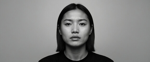 A woman with a neutral expression poses against a plain backdrop