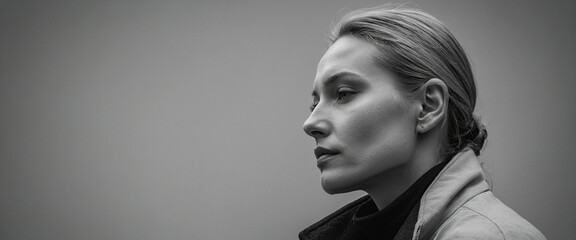 A woman with short blonde hair looks off to the side, panorama, banner with copy space for text