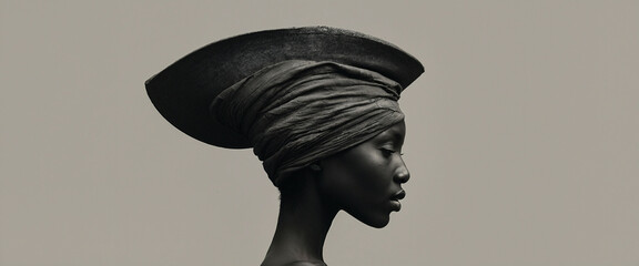 A woman in a black headwrap looks to the right, posed against a gray background