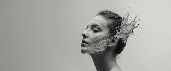A woman with her eyes closed is covered in a splash of water