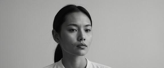 A woman against a plain background in soft lighting