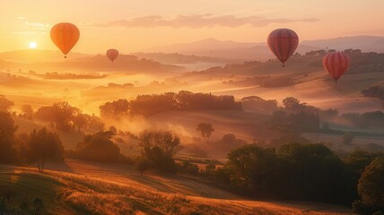 Golden sunrise over serene hills with hot air balloons