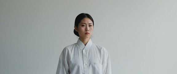 A serene Japanese woman in traditional attire in a minimalist setting