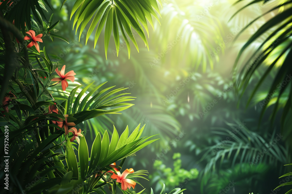 Aufkleber palm tree leaves and flowers framing a tropical scenery. slide background image. created with genera