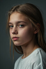 Teen girl with long hair against a dark background