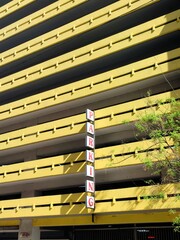 Exterior view of a multi story parking garage.