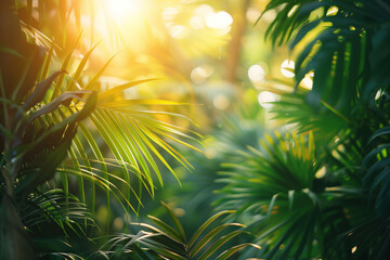 Palm tree leaves framing a tropical scenery with beautiful sunset. Slide background image. Created with Generative AI technology.