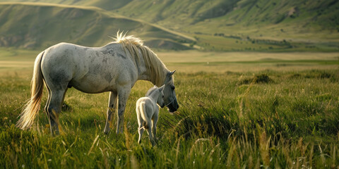 A white horse and its baby, seen from the side in green grassland