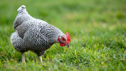 A beautiful silver-colored chicken with black spots on its body and red head is walking across the green grass, eating leaves - Powered by Adobe